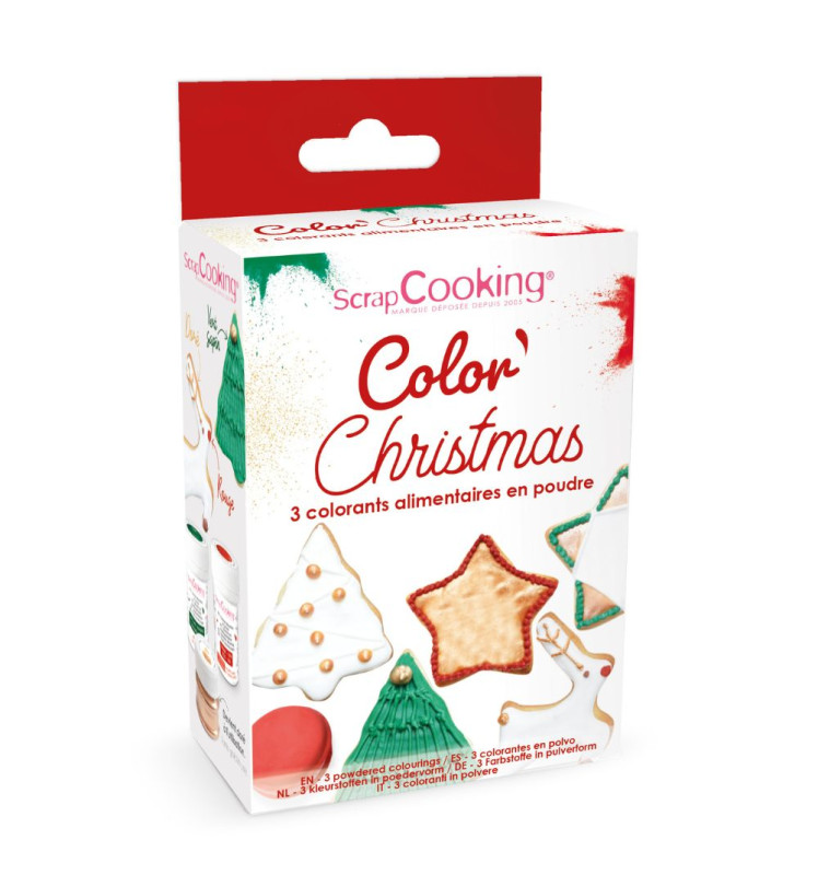 3 colorants en poudre Noël vert, rouge, doré