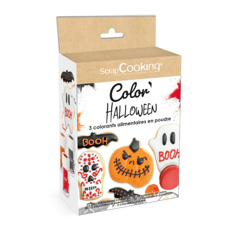 3 colorants en poudre Halloween noir, orange, rouge