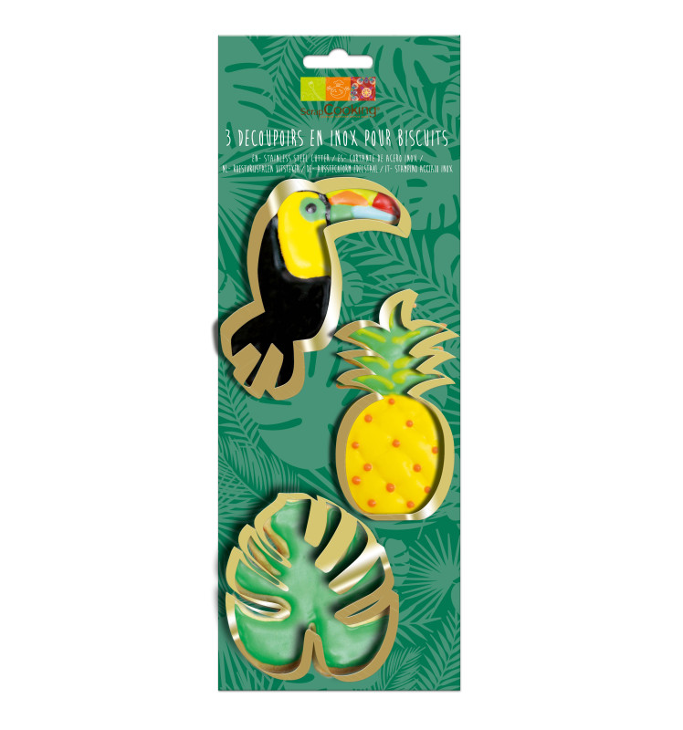 3 emporte-pièces dorés toucan/ananas/feuille