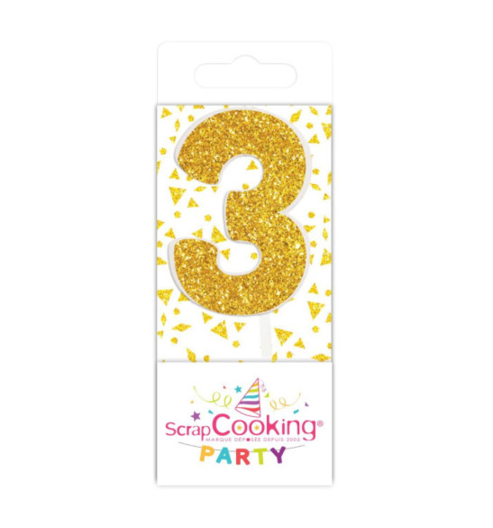 Mini bougie dorée chiffre 3 réf.0593 - ScrapCooking