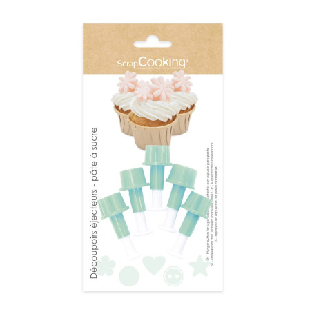 5 découpoirs éjecteurs Cœur, pois, fleur, étoile, bouton - ScrapCooking