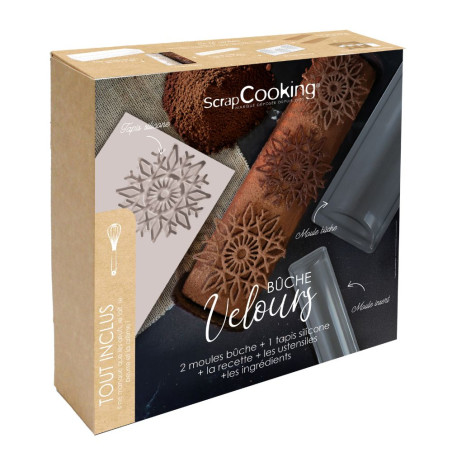 Boxed set of 3 chocolate Yule logs with ingredients and utensils
