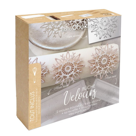 Boxed set of 3 chocolate Yule logs with ingredients and utensils