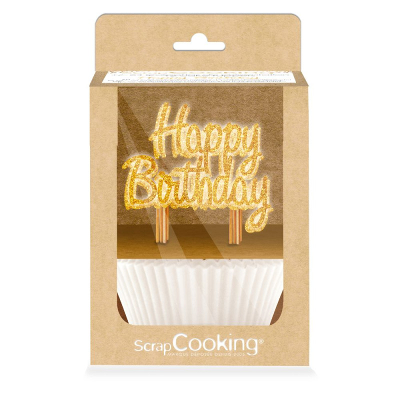 Caissettes blanches & cake toppers "Happy birthday" dorés et pailletés pour anniversaire