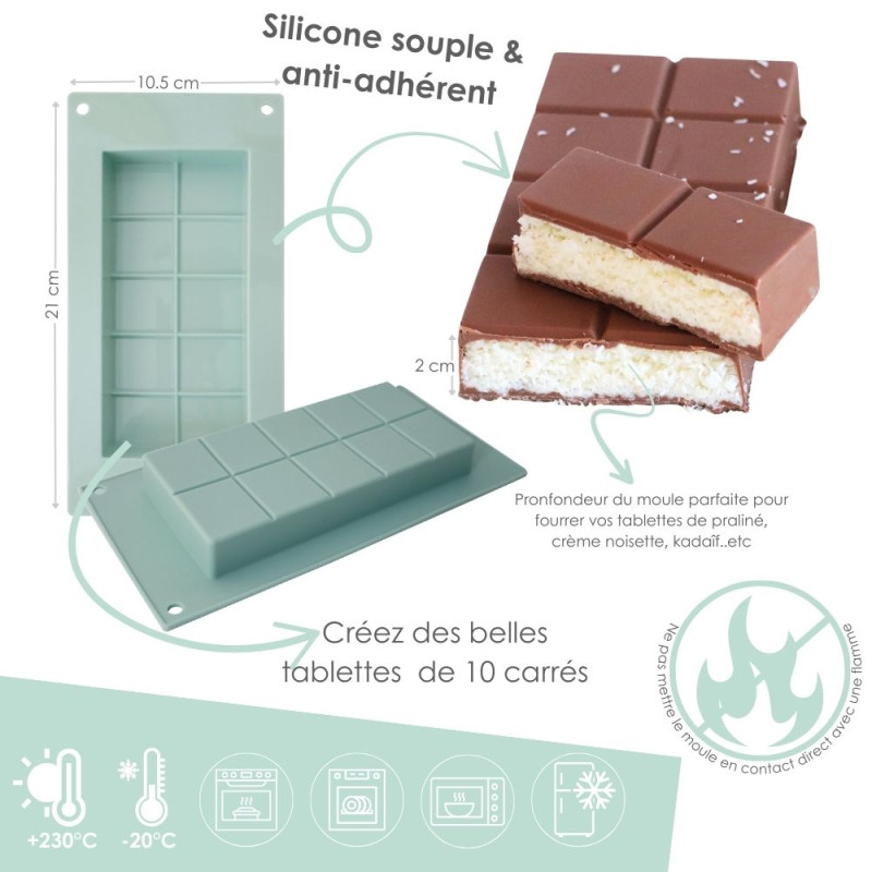 Illustration descriptive des avantages pratiques du moule en silicone pour tablette de chocolat