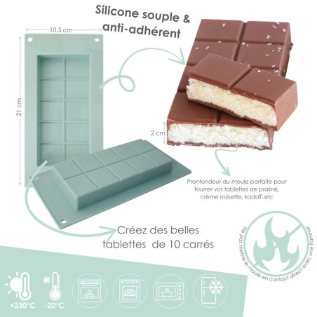 Illustration descriptive des avantages pratiques du moule en silicone pour tablette de chocolat