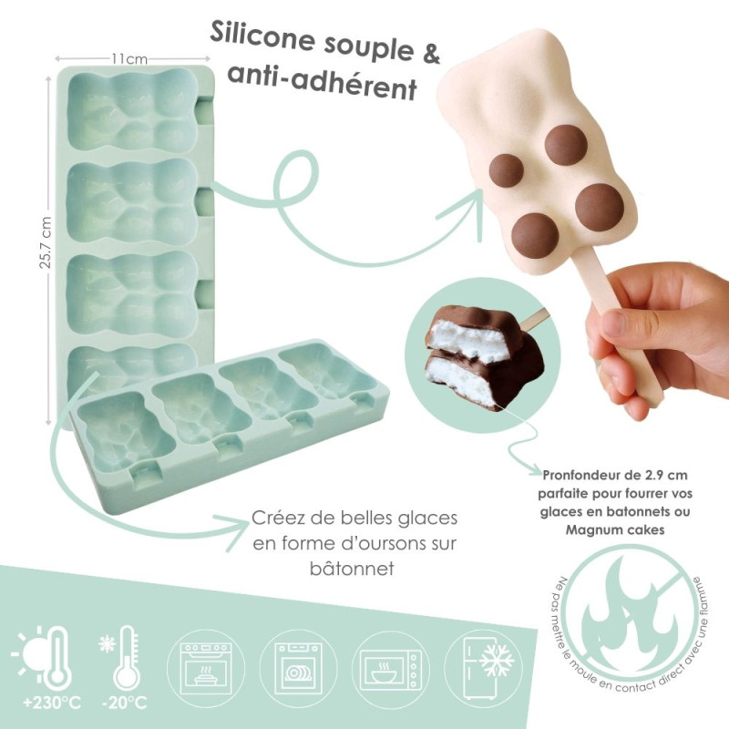 Illustration descriptive des avantages pratiques du moule en silicone pour glaces oursons ScrapCooking®