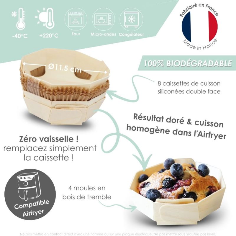 2 moules airfryer ronds en bois Ø 11,5 cm avec 8 caissettes sulfurisées