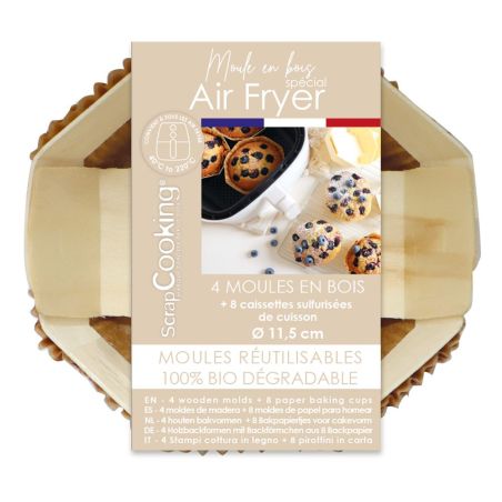 2 moules airfryer ronds en bois Ø 11,5 cm avec 8 caissettes sulfurisées