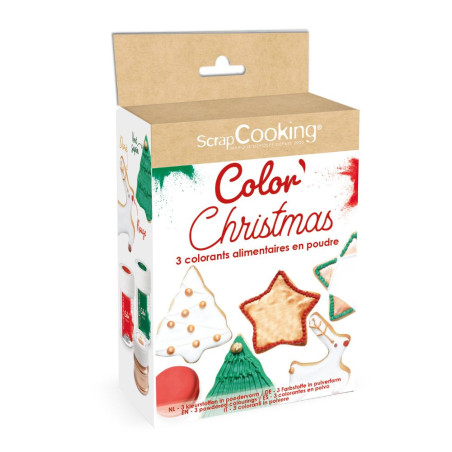 3 colorants en poudre Noël vert, rouge, doré - ScrapCooking®