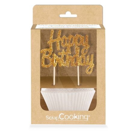 Caissettes blanches & cake toppers "Happy birthday" dorés et pailletés - ScrapCooking®