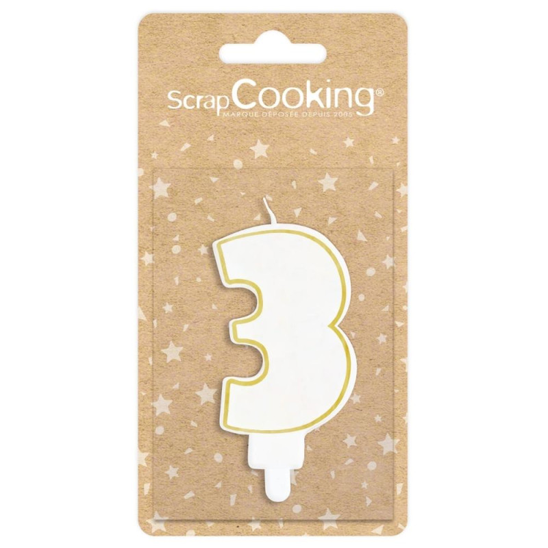 White and Gold Number 3 Birthday Candle – Cake Decoration – ScrapCooking®