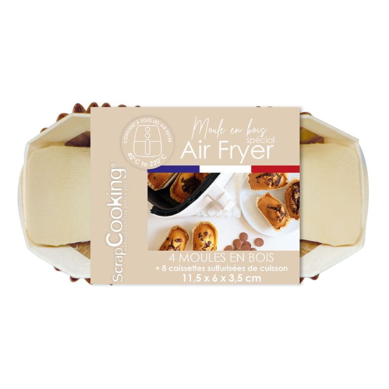 4 moules airfryer rectangulaires en bois avec 8 caissettes sulfurisées