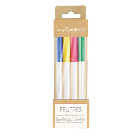 4 feutres alimentaires jaune, vert, rose, bleu réf.7101