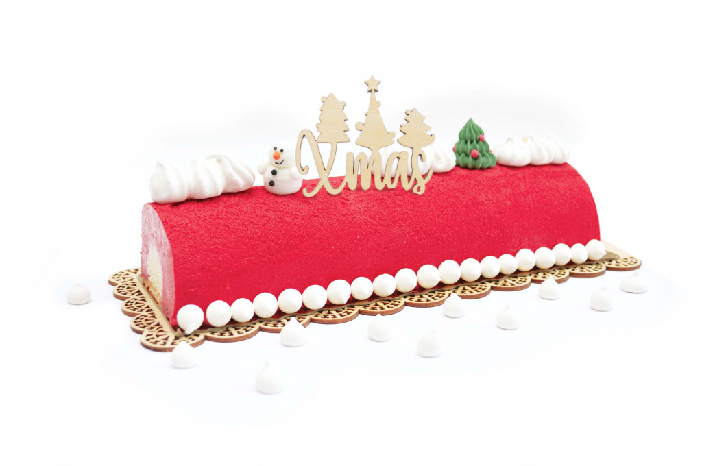 Bûche pistaches, framboise & insert chocolat blanc 
